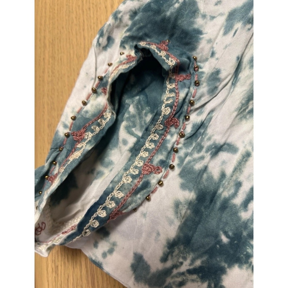 Skemo Blue Tie Dye Embroidered V-Neck Blouse Tassels Size M Boho Hippie Festival - Picture 6 of 11